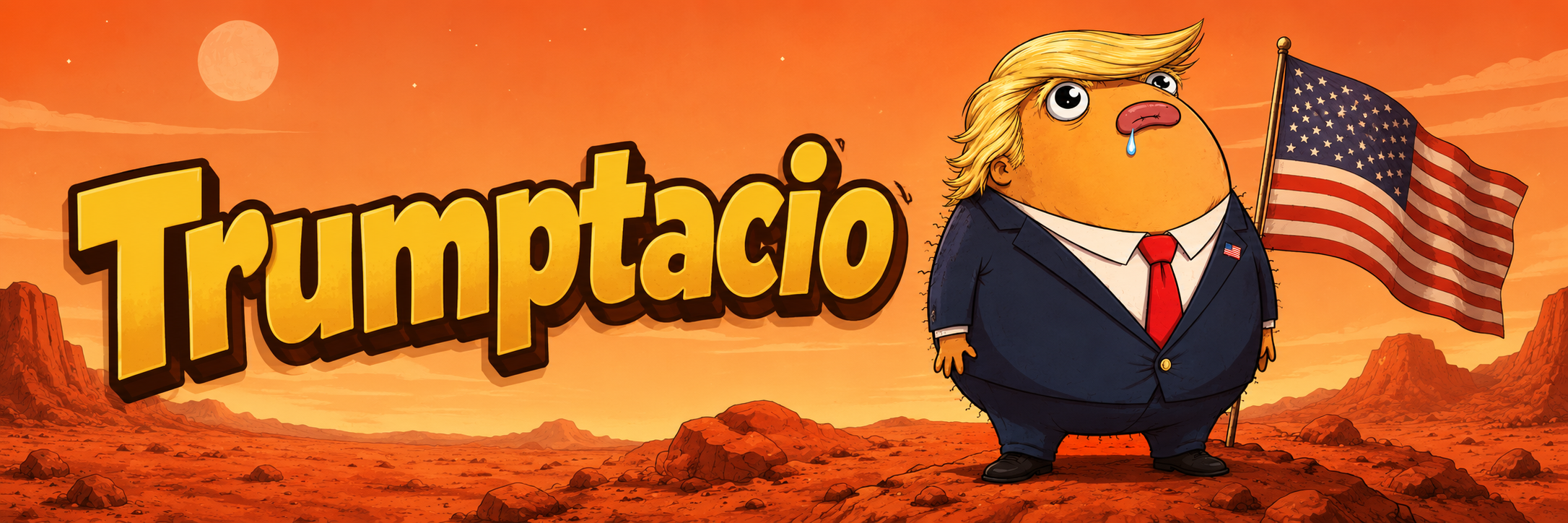 Trumptacio campaign banner — golden logo text with mascot and American flag in a red desert